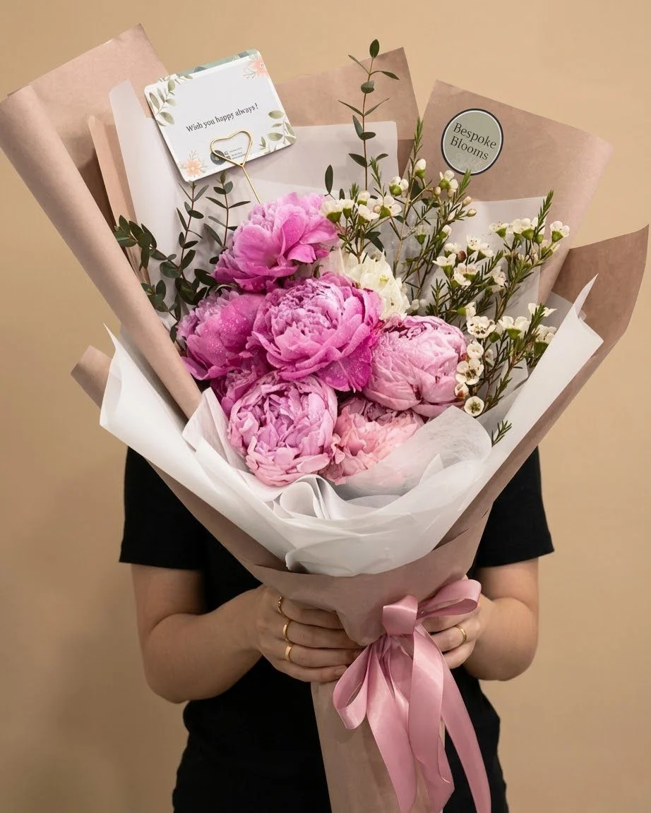 Bright pink peonies wrapped in blush paper