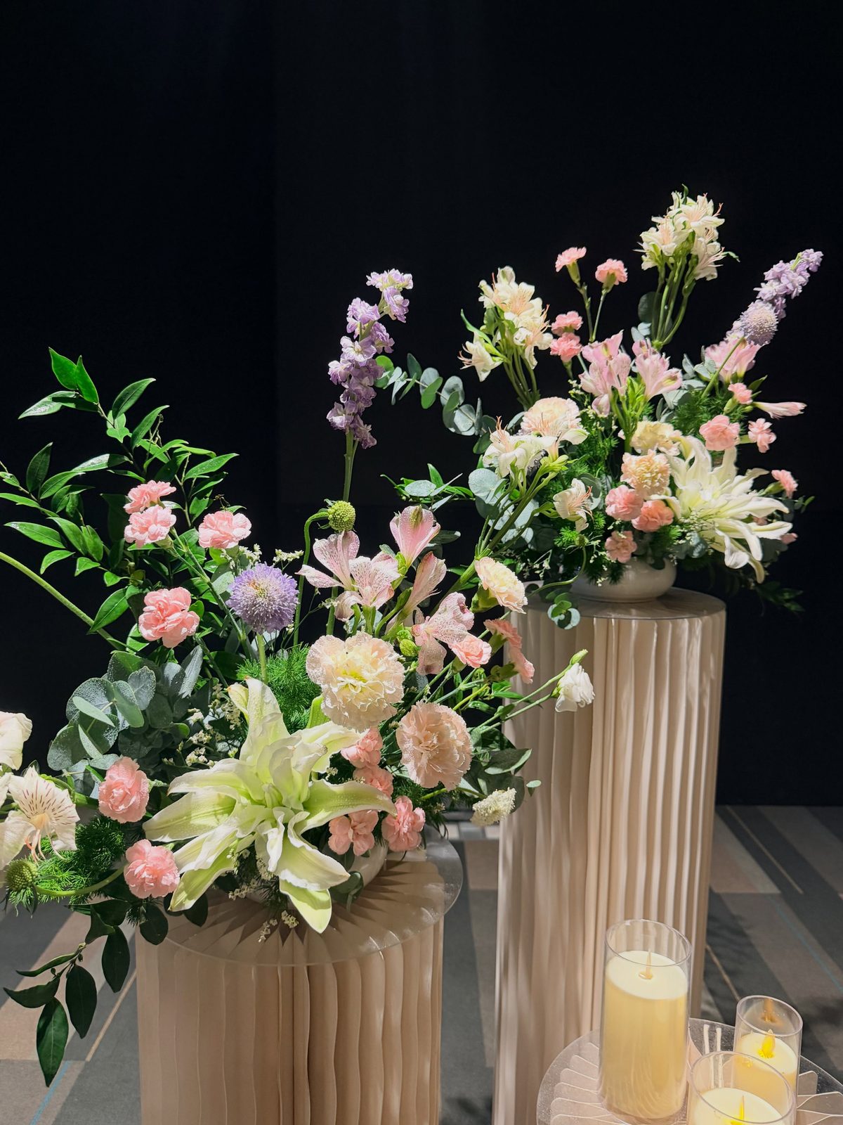 Tall pink pedestal arrangement