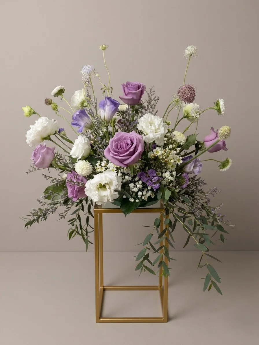 Purple and white blooms on a gold stand